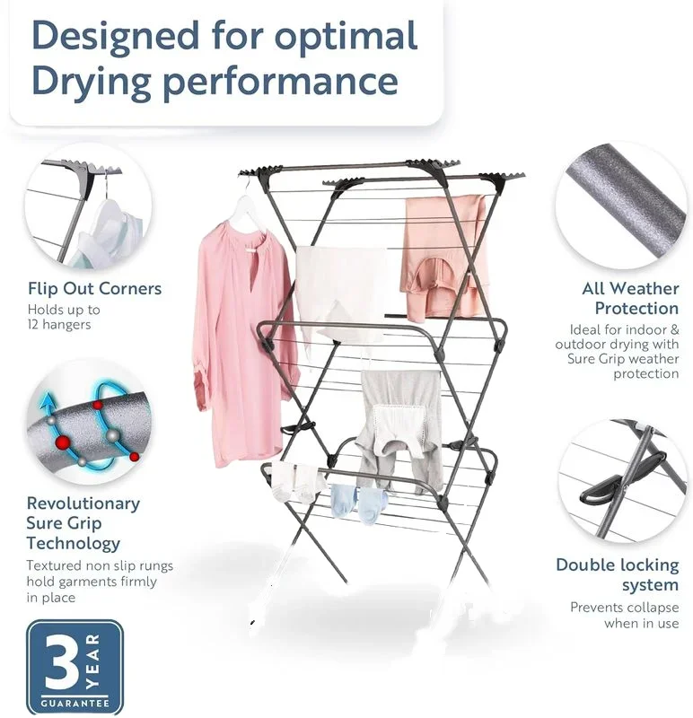 Extra-Slim 14M 3-Tier Concertina Stainless Steel Metal Laundry Clothes Dryer Airer for indoor Office and Bathroom Space 3