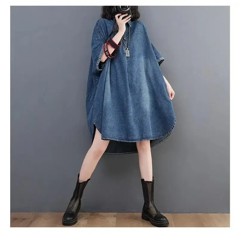 

Dress Women's Clothing 2024 Spring Fashion Loose Shirt Batwing Sleeve Streetwear Oversized Pullover Denim Knee-length Dress