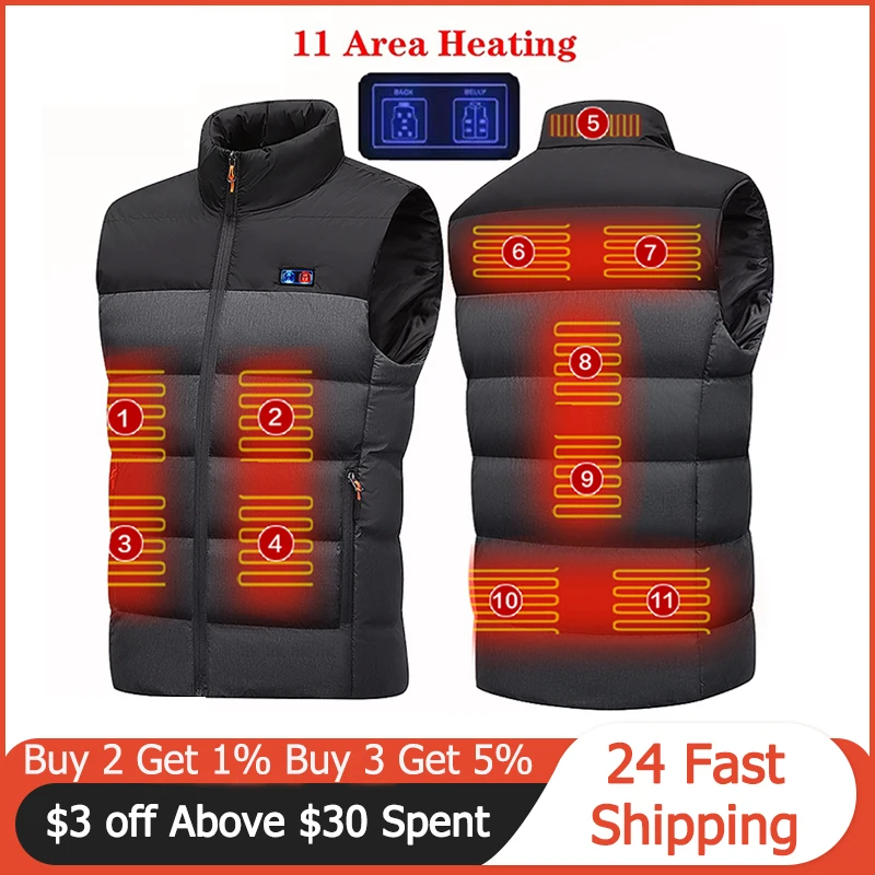 11 Places Heated Jackets Men Hunting Jackets Winter Outdoor Coat Hooded Electric Heated Vest Thermostatic Winter Hunting