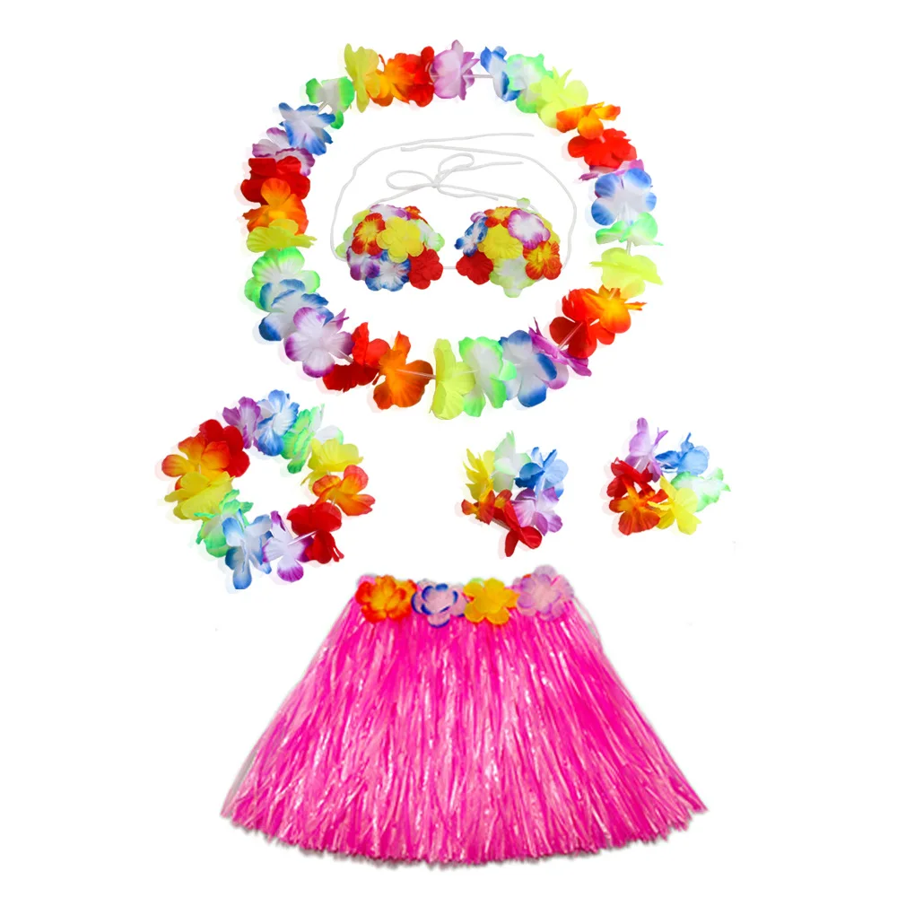 Hawaiian Dance Child Skirt Costume Leis Elastic Luau Grass Hawaiian Flower Bracelets Headband Necklace 40cm 5pcs 6Pcs