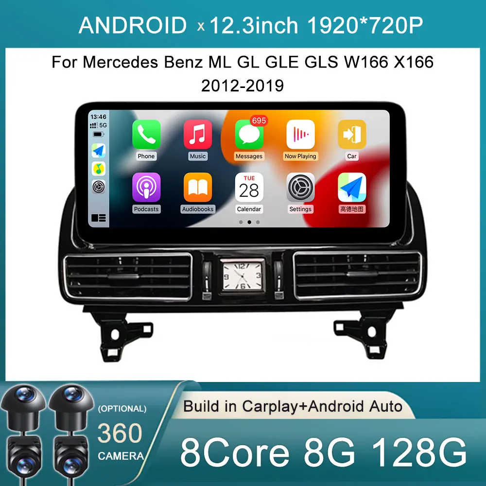 

For Mercedes Benz ML GL GLE GLS W166 X166 2012-2019 12.3” Android 13 Car Raido Multimedia Video Player Auto GPS 360 Cam