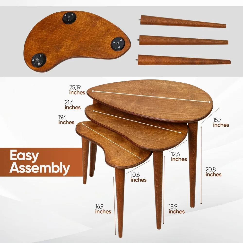 Solid nested table set of 3, birch mid-century pebble table with wood tapered legs, portable modern side coffee table 2