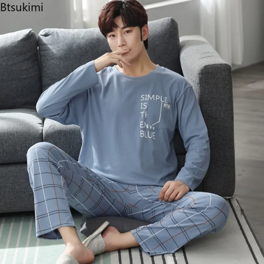 Pajama Sets Fashion Lounge Men's Spring Long-sleeved Tops Trousers Cotton Homewear Comfort Sleepwear Two Pieces