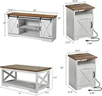 4-Piece Farmhouse Table Set Includes Sliding Barn Door TV Stand, Coffee Table& Two End Tables, Side Table with Charging Station 2