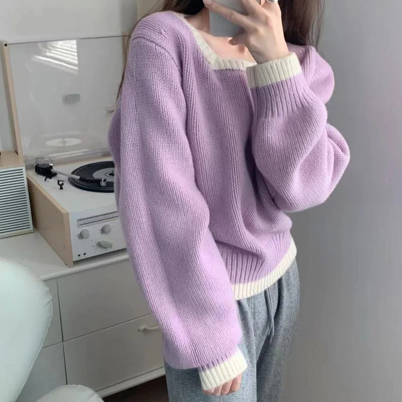 

OHRYIYIE Autumn Winter Square Neck Patchwork Color Pullovers Women 2023 Fashion Long Sleeve Knit Sweater Female Warm Jumper Tops