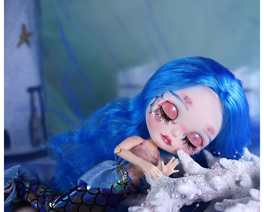 Nàng tiên cá - Cao cấp Custom Neo Blythe Búp bê tóc xanh da trắng khuôn mặt dễ thương mờ 10