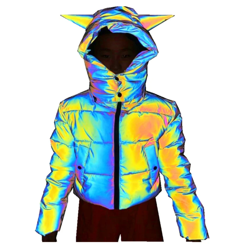New Long-sleeved Short Hooded Colorful Reflective Cotton Clothing Women's Fashion Luminous Cotton Clothing