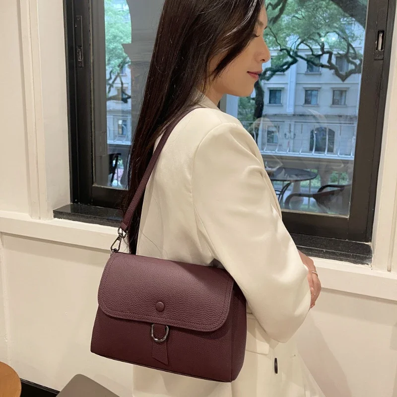 Women's Cow Leather Square Handbag Solid Versatile Head Layer Cowhide Multi Compartment Single Shoulder Bag Luxury Underarm Bag