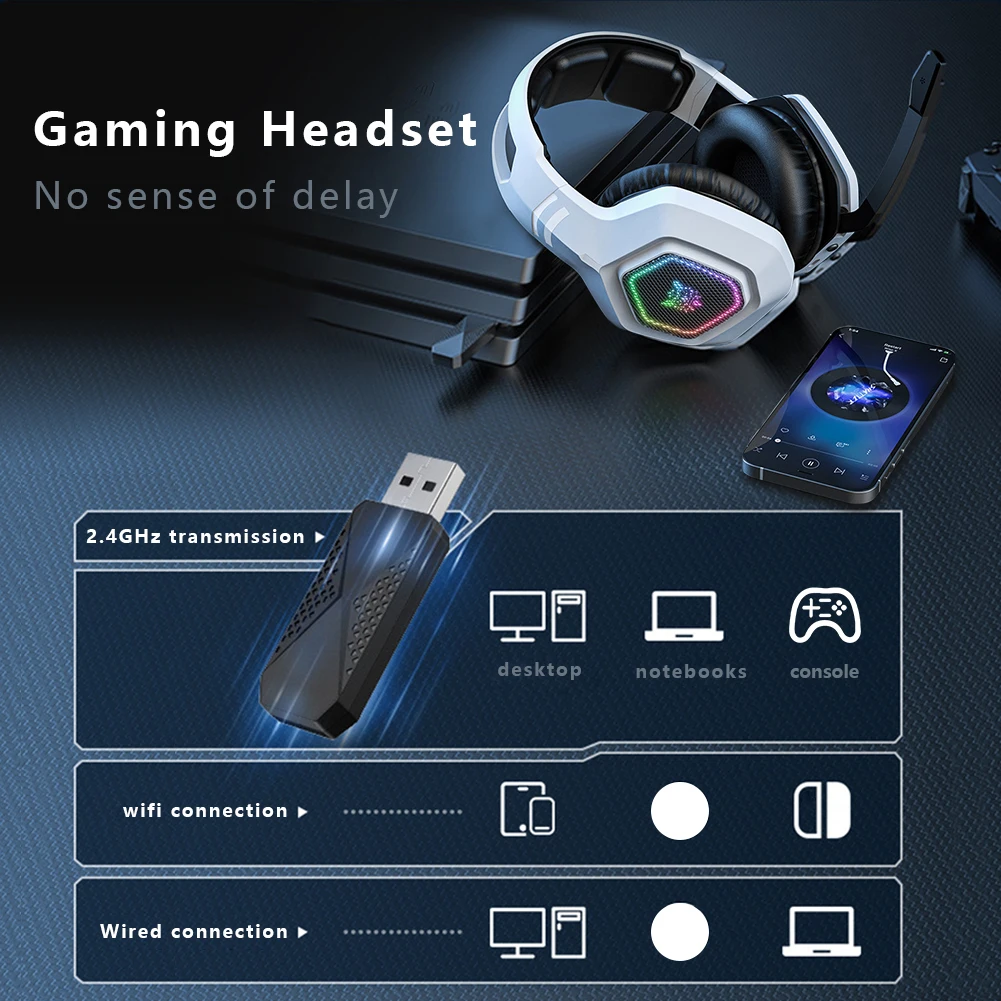 무선 게이밍 헤드셋 2.4GHz/BT 5.3/유선 오버이어 헤드폰 RGB 조명 게이밍 헤드폰 (PS4, PC, 노트북용)