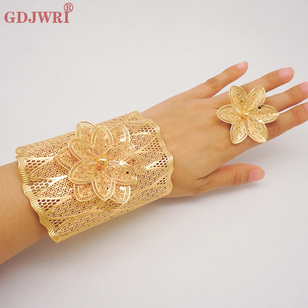 

African Chain Cuff Bangle & Ring Nigerian Wedding Jewelry Moroccan Arabic Dubai Gold Color Big Flower Bracelet Jewellery Bangle