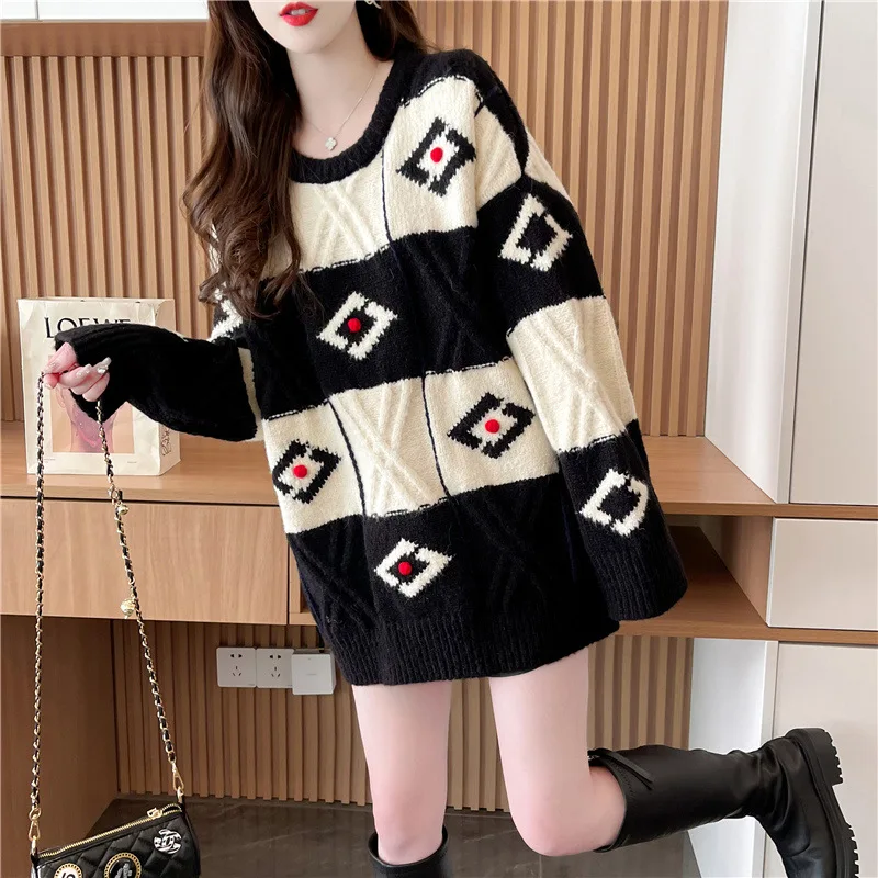 

Hsa Winter Long Sweater jumper Lazy style pullover women's 2023 new autumn and winter fashionable patchwork Knitwear tops