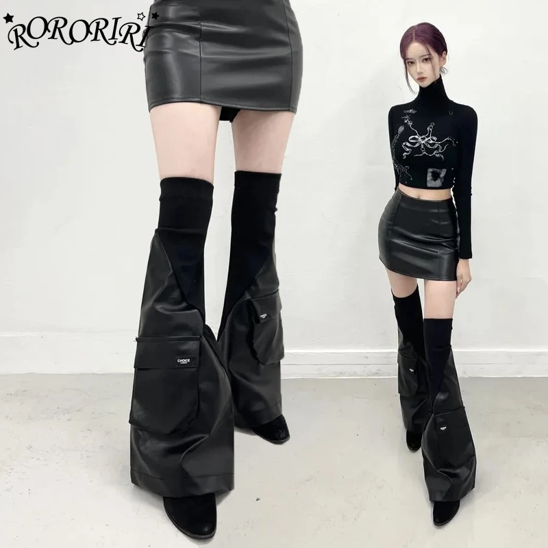 

RORORIRI Rib Knit Spliced Leather Leg Warmers Women Thigh-high Long Socks Punk Gothic Black Cargo Pockets Retro Y2k Boots Covers