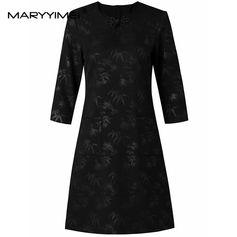 

MARYYIMEI New Fashion Runway Designer Women's Rich Expensive Bamboo Embossed Skirt Mature Temperament Round Neck Chinese Dress