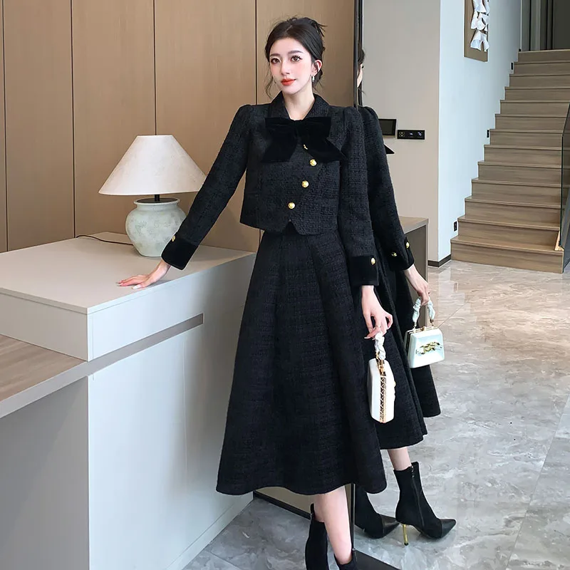 

New Two Piece Set Women Skirt 2024 Spring Winter Small Fragrance Bowknot Long-sleeve Tweed Jacket + Fashion Midi Skirt 2PCS