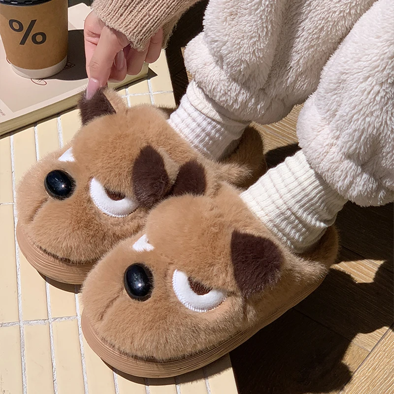 Lovely Cartoon Dogs Cotton Slippers Women Indoor Thick Bottom Non Slip House Fur Slippers Woman Soft Sole Warm Plush Slides Lady