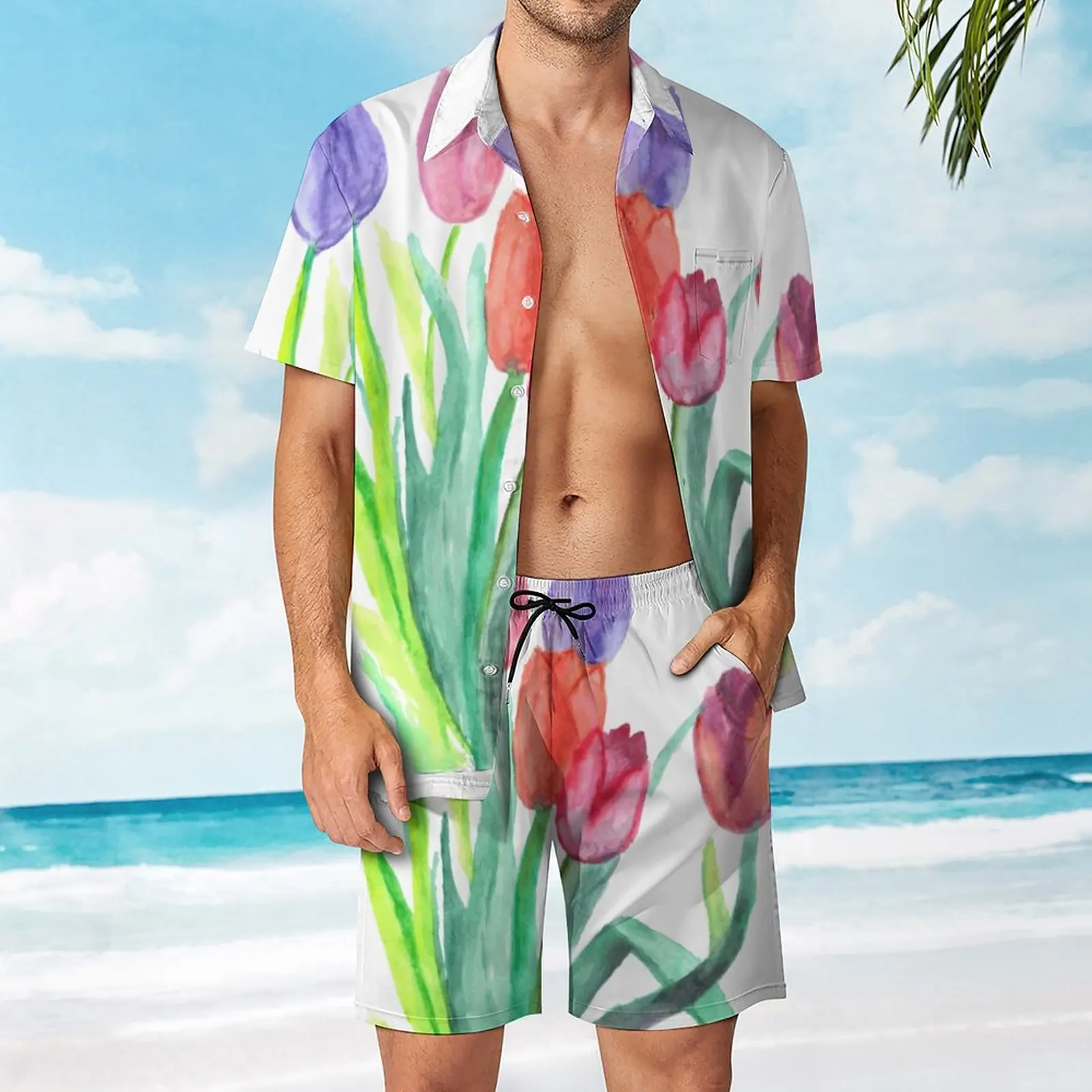 

2 Pieces Coordinates Watercolor Tulips High Quality Men's Beach Suit Vintage Beach USA Size