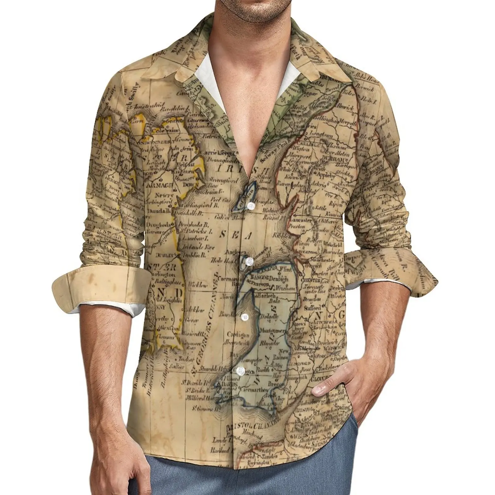 

Map Shirt Men Scotland and Ireland Casual Shirts Autumn Stylish Printed Blouses Long Sleeve Cool Oversized Clothing Gift Idea