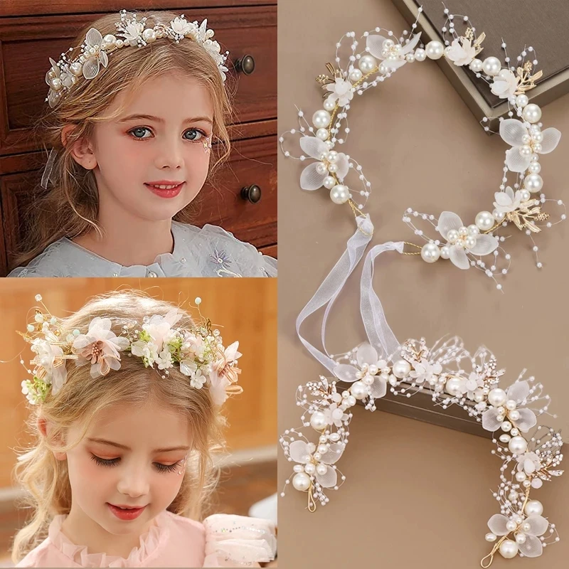 Hair Headdress Spring Bohemian Girls Bridal Pearl Hair Headdress Flower Wreath Bride Garland Head Hoop Headbands Hair Jewelry Children Gifts