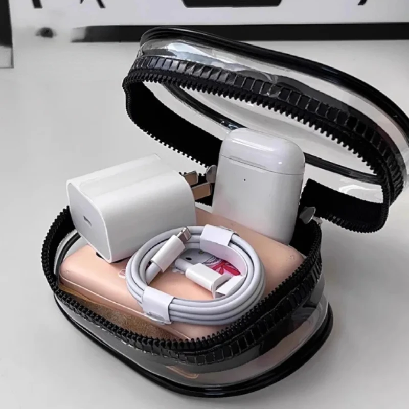 Round PVC transparent charging cable storage bag cable organizer box mobile phone charger portable headphone storage pouch