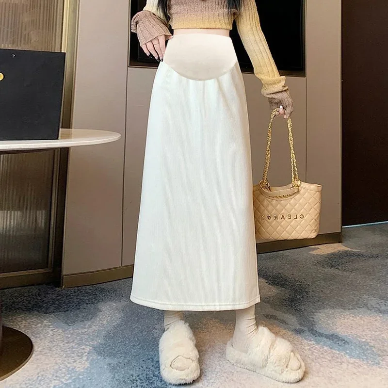 Korean Style Maternity Spring Corduroy Skirt High Waist Back Split Adjustable Pregnant Woman Straight Skirts Woolen A-line Skirt
