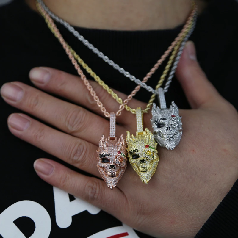 New Iced Out Bling Rose Eye Skull Pendant Necklace Gold Color