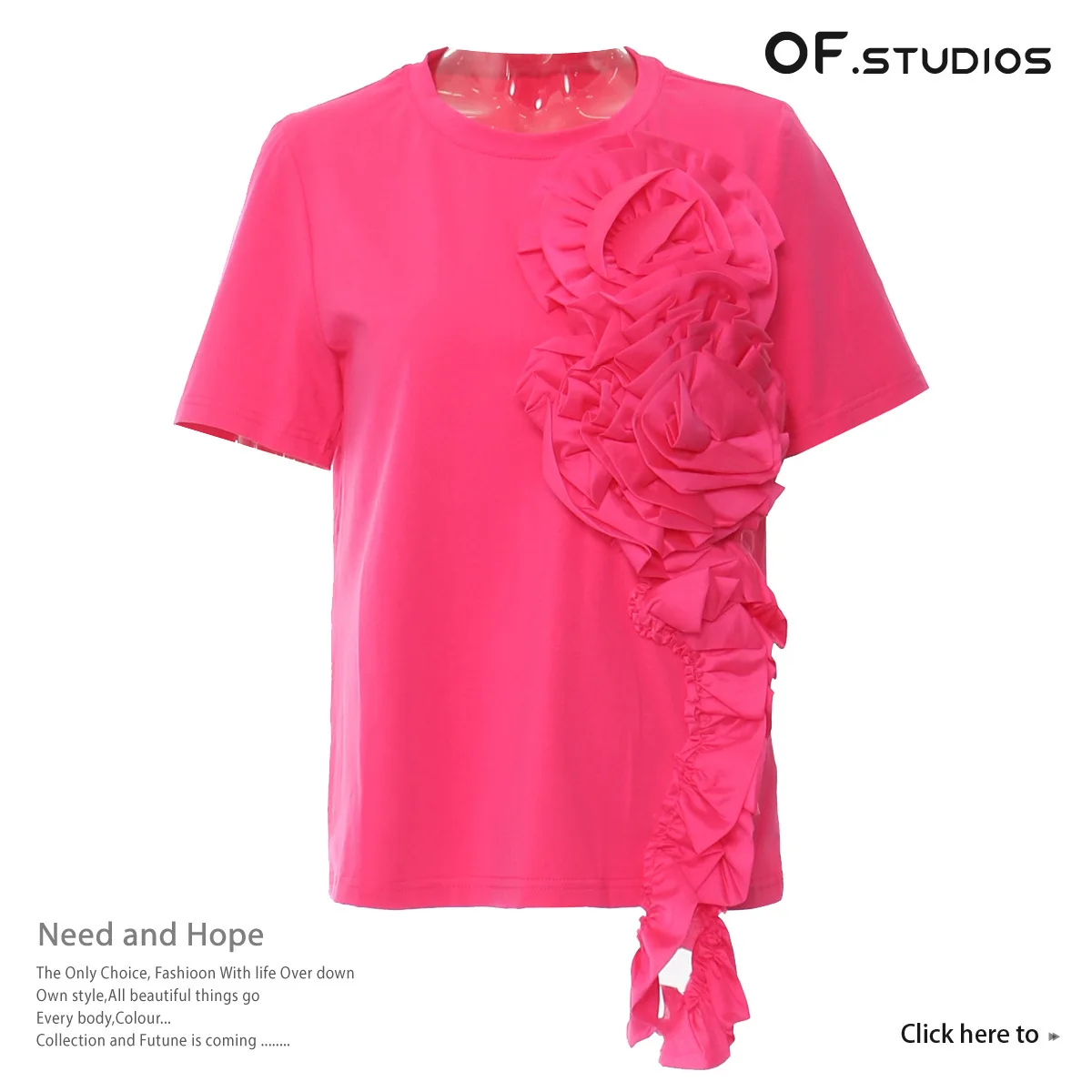 

OF.STUDIOS 2024 Spring and Summer New Flower 3D Fashion Irregular Round Neck Short Sleeve T-Shirt Women