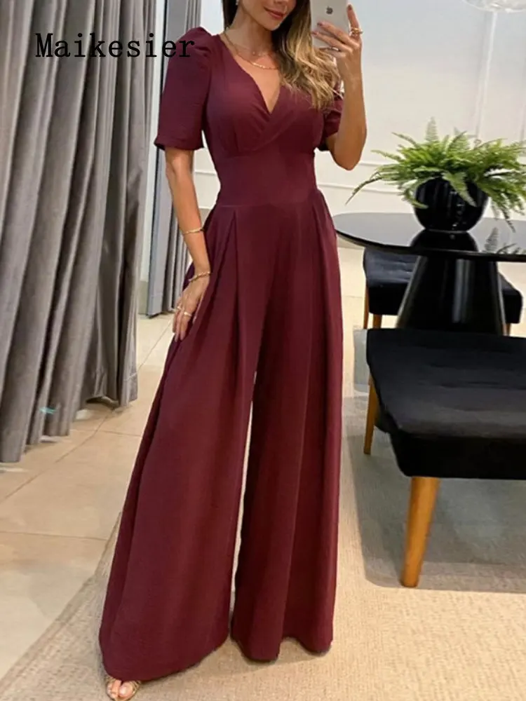 

Spring/Summer 2023 New Tunic Deep V-neck Fashion Short-sleeved Solid Romsuit Jumpsuit Women Dress Clothes for Women Elegant Chic