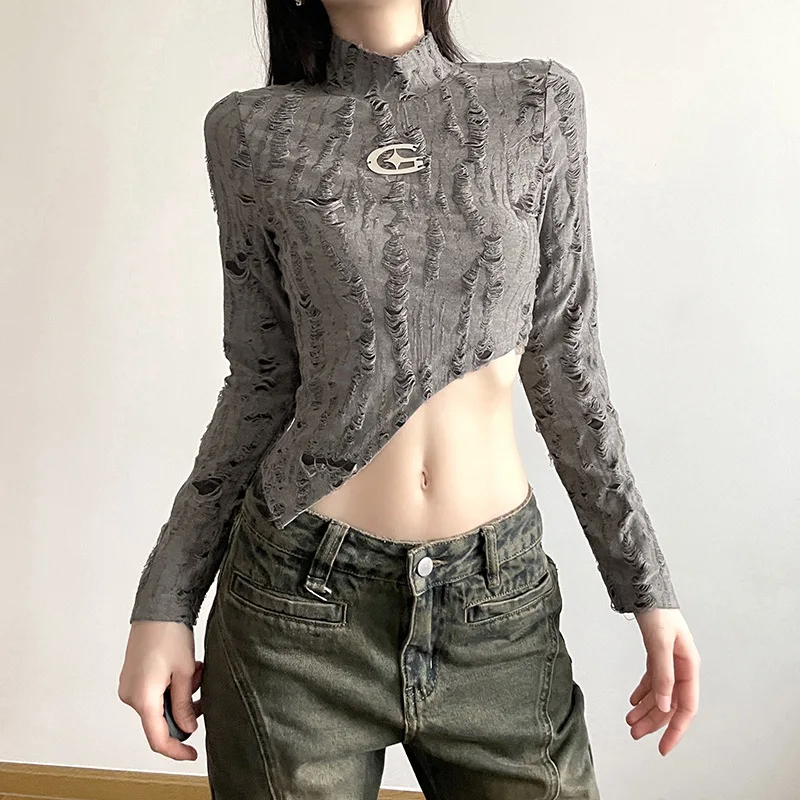 

Goth Dark Frayed Hollow Out Grunge Y2k Crop Tops Gothic Vintage Skew Hem Sexy Women T-shirts Bodycon Mock Neck Autumn Streetwear