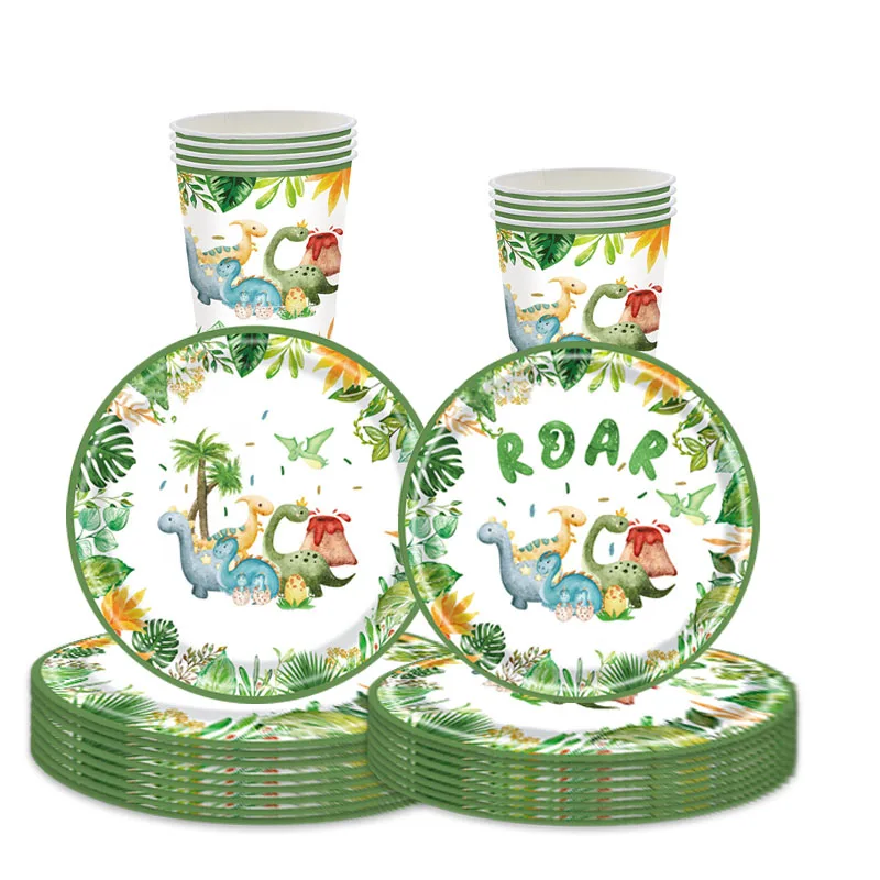 

10Guests Cartoon Dinasour Disposable Tableware Jungle Safari Raor Paper Plates Napkin Wild Dino Happy Boy 1st Birthday Party
