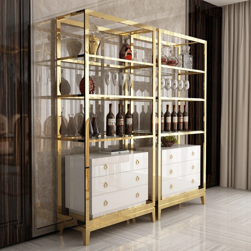 *Stainless Steel Gold Wine Bar Cabinet Display Shelving With Drawers Sideboard Modern China cabinet For Living Room