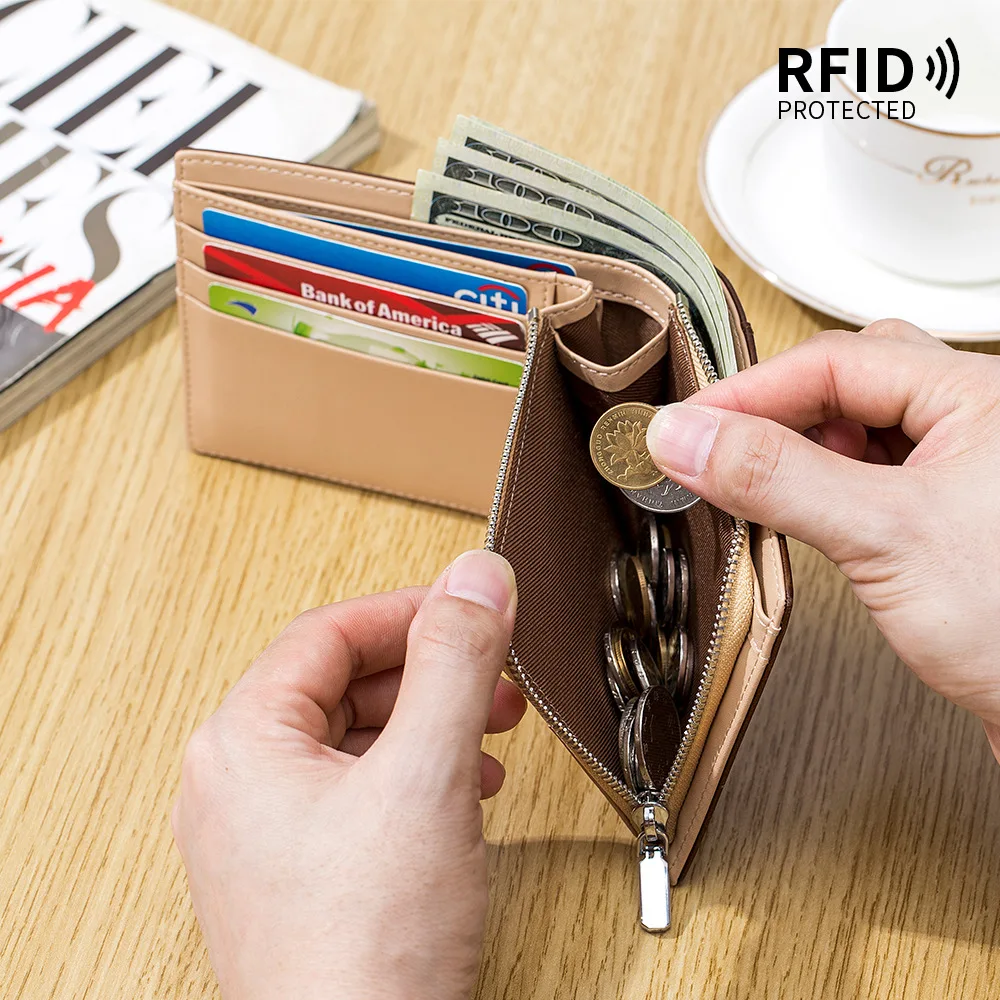 Contrast color 100% genuine leather retro short men's purse RFID cowhide large capacity zipper zero wallet multi-card card bag