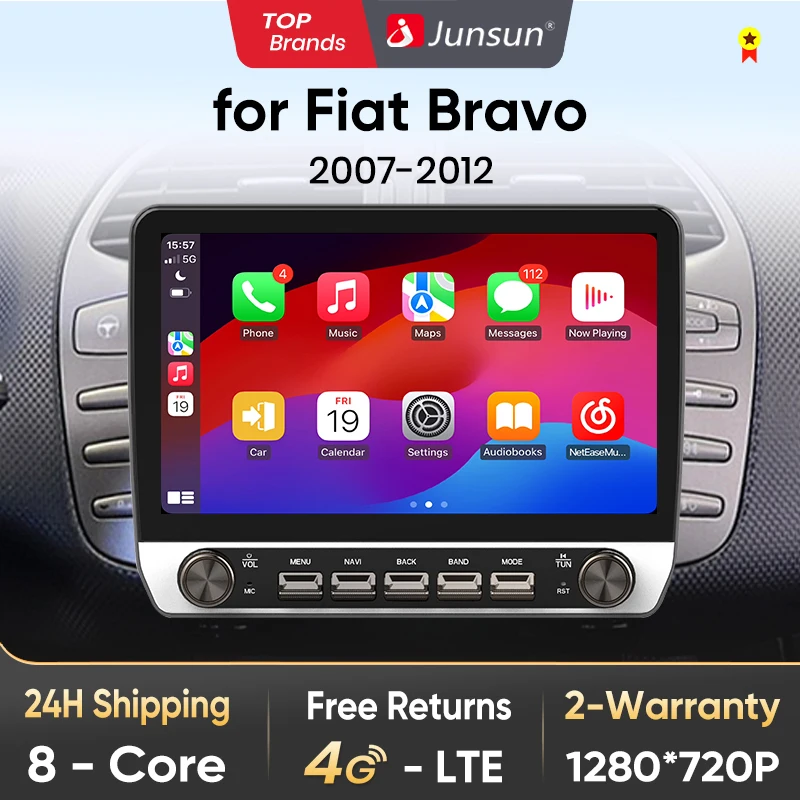 Junsun 10" Przycisk Radio Samochodowe Dla Fiat Bravo Samochodowe Inteligentne Systemy Bezprzewodowe CarPlay Android Auto 4G LTE GPS