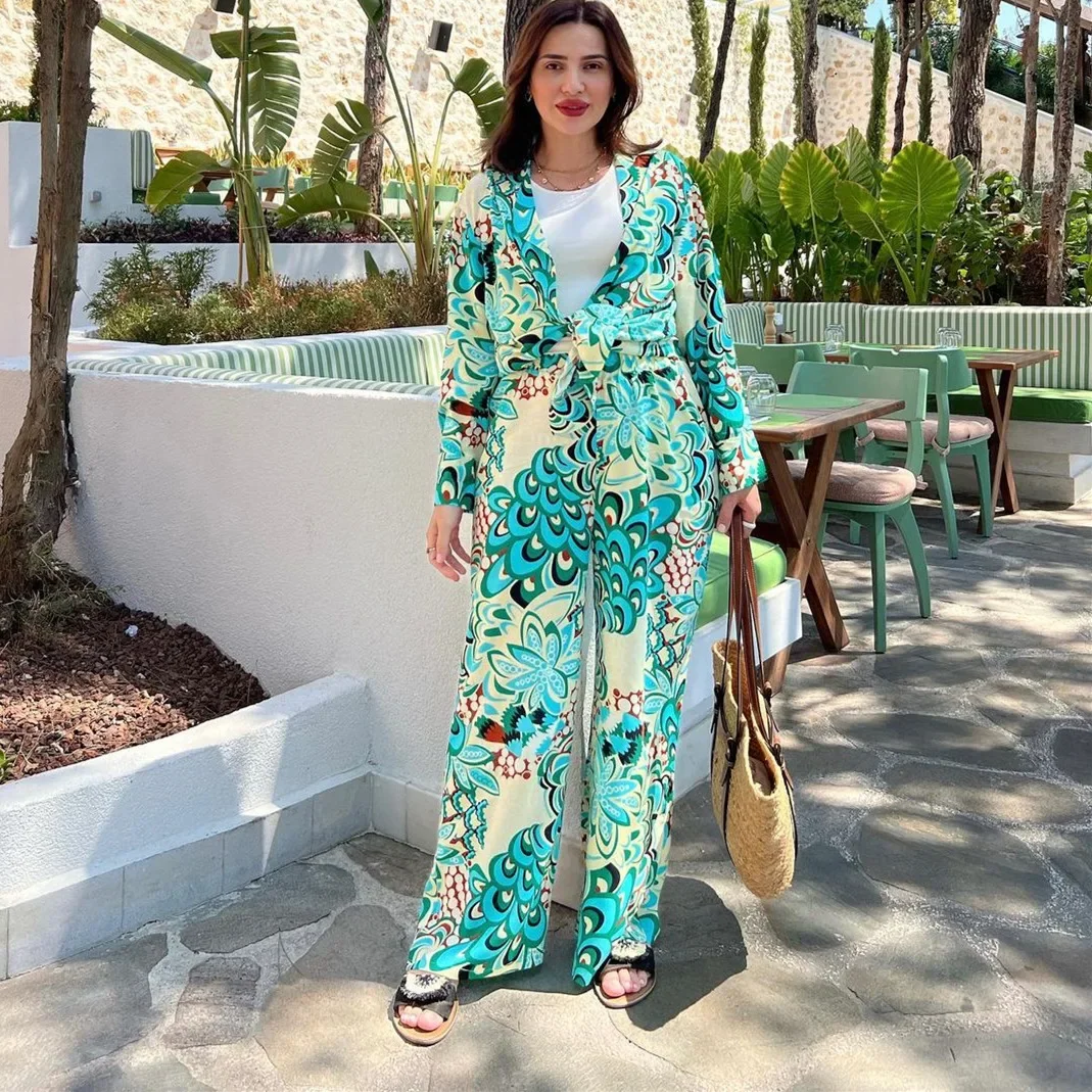 

Повседневные женские костюмы макси, Новинка осени 2023, модная рубашка с длинным рукавом и принтом, женские брюки с широкими штанинами и высокой талией