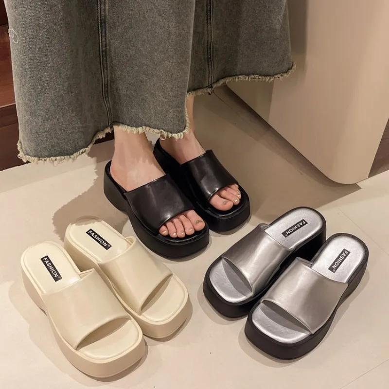 Women Slippers 2025 Summer New Luxury Sandals Women Thick Soled Designer Square Toe Slippers Slides Women Zapatos - 2