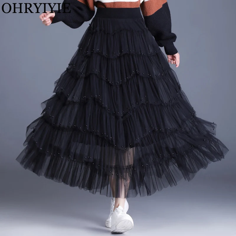 

OHRYIYIE Beading Irregular Cake Long Tulle Skirt Women Sweet High Waist A Line Midi Skirt Female Black Mesh Party Skirt Lady