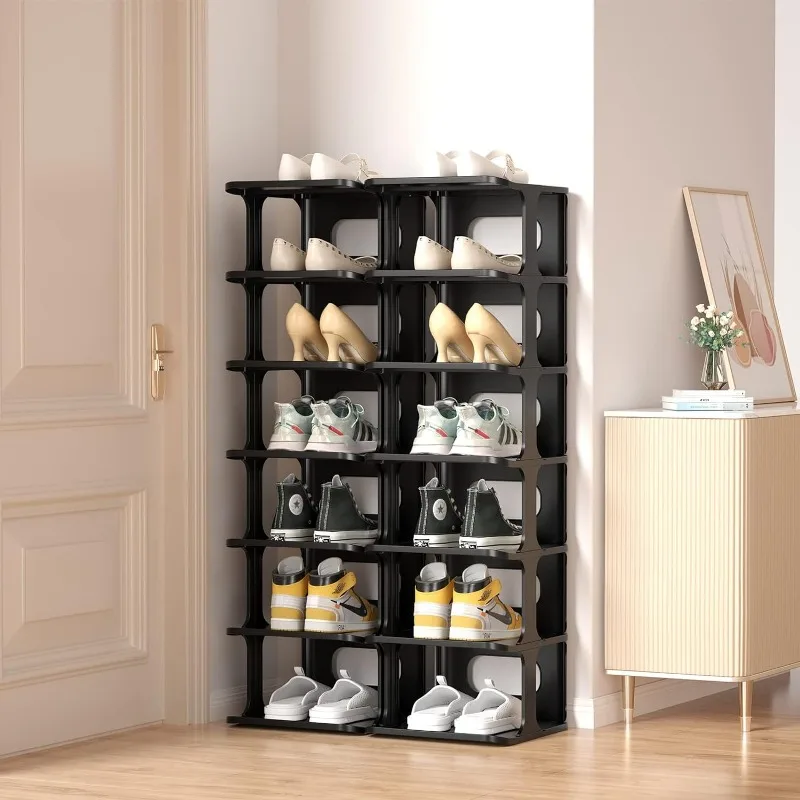 Plastic 14 Tier Storage Shoe Rack for Entryway Organizer for Closet Narrow Shelf Cabinet Black Free Standing Racks Vertical