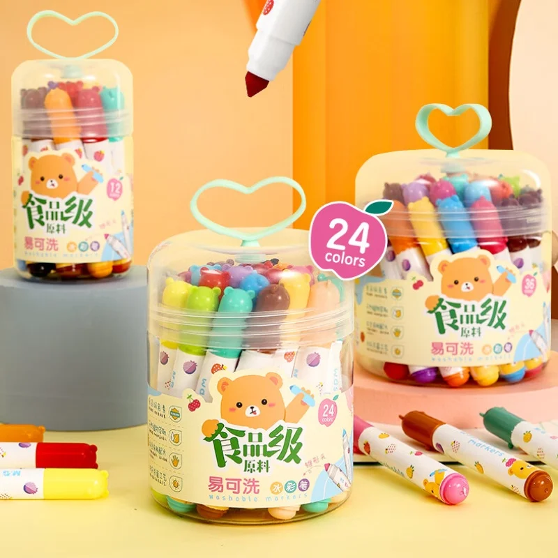 M&G 24-Color Washable Children Watercolor Pencils Food-Grade Tapered Tip Paintbrushes for Kindergarten Painting Hand-Drawing