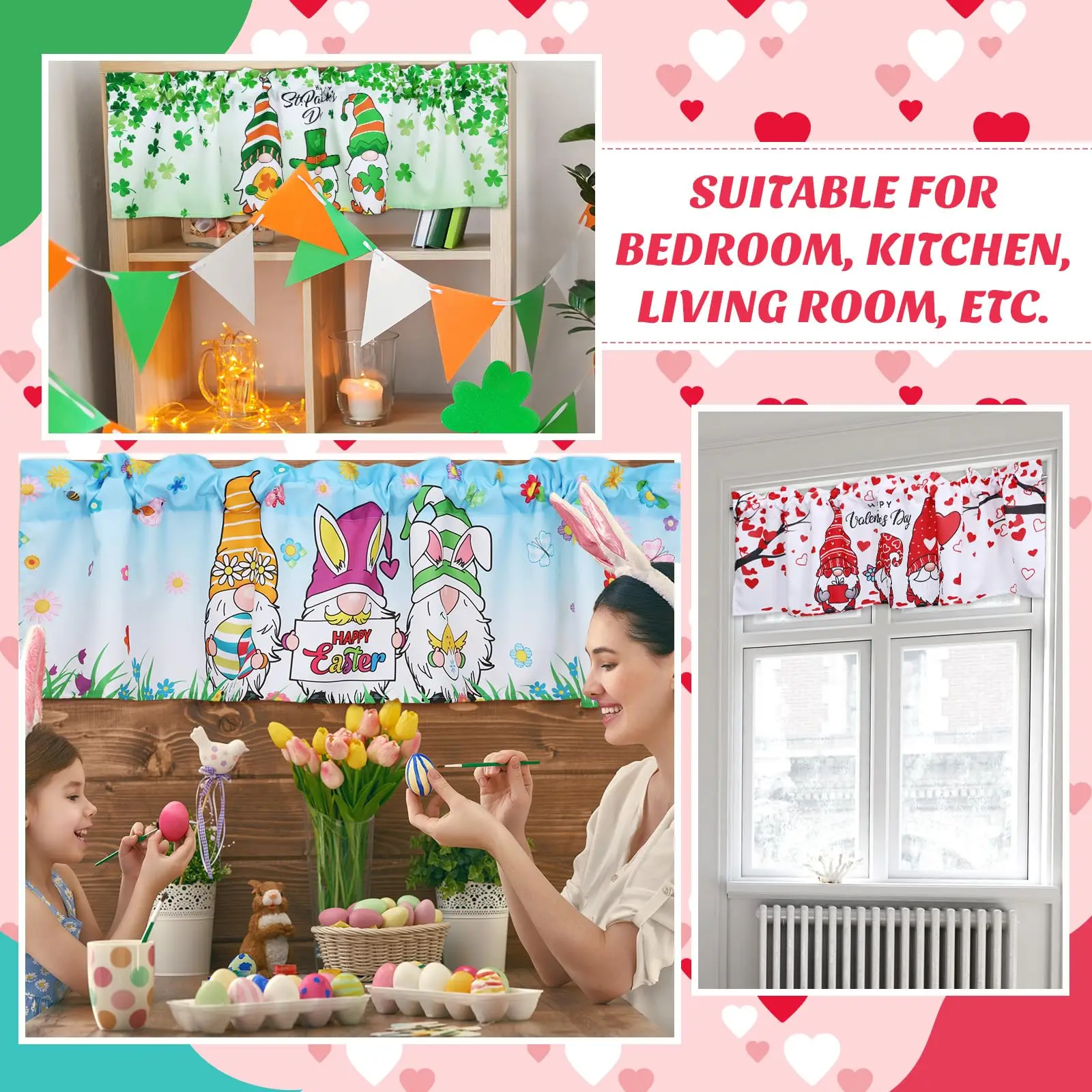 3 Pack Valentine's Day Gnomes Windows Valances St. Patrick's Day Easter Window Toppers Valances for Kitchen Bedroom Living Room 5