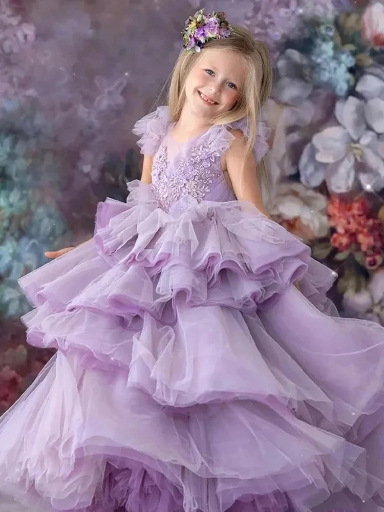 

Purple Sleeveless Flower Girl Dresses Princes Ball Gown First Communion Prom Fashion Appliques Tiered Pleat 2023