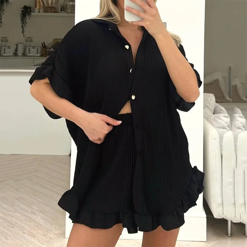 Elegant Women's Suits with Shorts Edible Tree Fungus Short Sleeve Turn Down Collar Summer Clothing Set 2 Piece Female Clothes