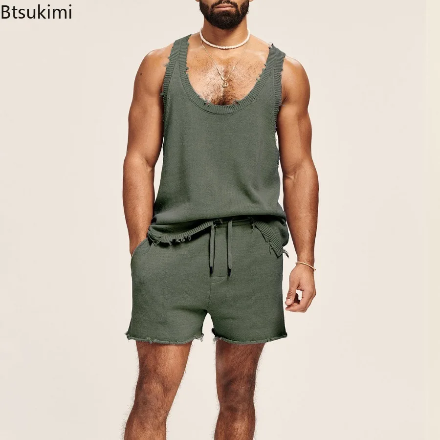 New 2024 Men's Summer Casual 2PCS Sets Knitted Fashion Tank Tops and Shorts Sets Mens Two Piece Set Streetwear Clothes Men Sets