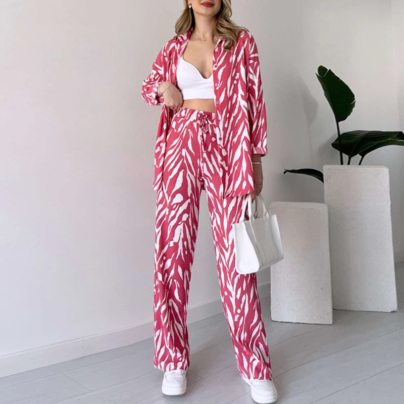 

Fashion Print Lady Shirt Two Piece Suit Spring Summer Women 2pc Set Casual Long Sleeve Loose Blouse And High Waist Pants Outfits