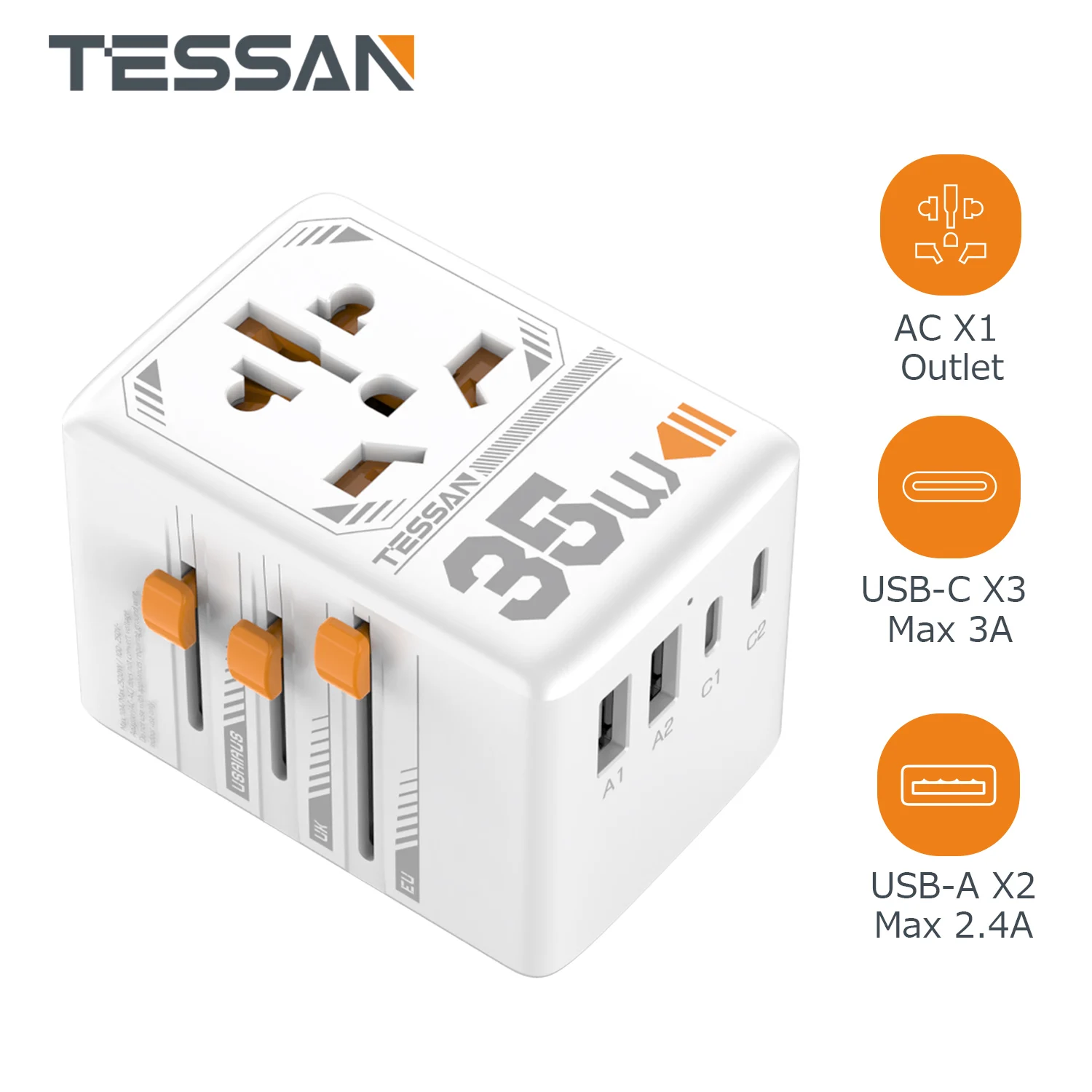 

TESSAN 35W Universal Travel Adapter Worldwide with USB &Type C, International Plug Power Adapter EU/UK/USA/AUS Plug for Travel