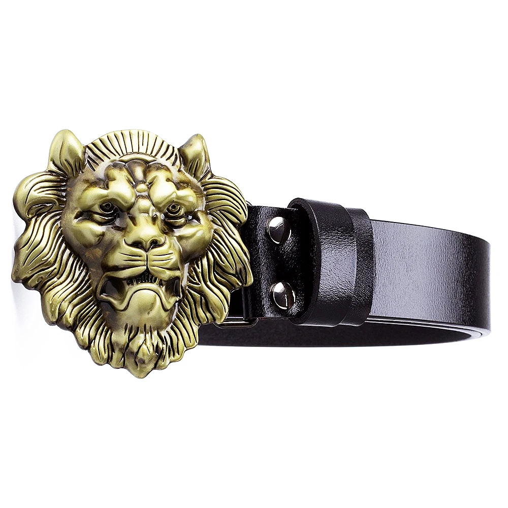 Sortie wit Gooi Mode Mannen Riem Grote Leeuwenkop Gouden Gesp Koeienhuid Leaether  Mannelijke Leeuw Patroon Casual Broek Riemen| | - AliExpress