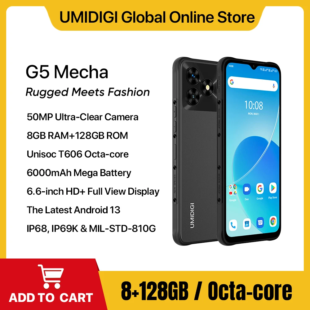 Смартфон UMIDIGI-G5 Mecha Android 13, телефон с экраном 6,6 дюйма FHD +, 8 ГБ, 128 ГБ, камера 50 МП, 6000 мАч, 90 Гц, T606