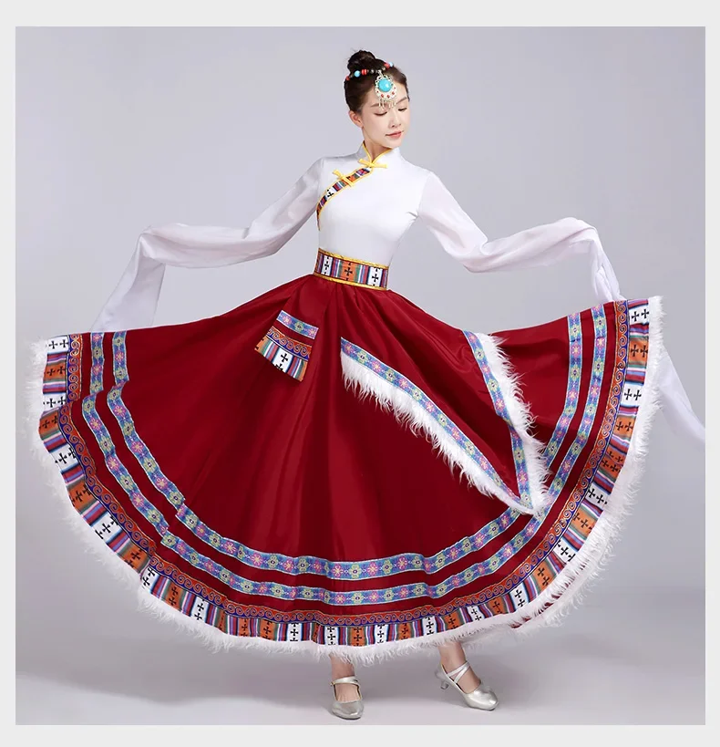 Starobylý lidových praxe dancewear tibetské obleček dlouhé sukně mongolské národní tibetské šaty moderní menšina představení kostým