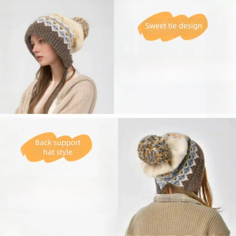 New Pompom Warm Hat Windproof Knitted Beanie Cap Thickned Cold Proof Ear Protection Hat Women
