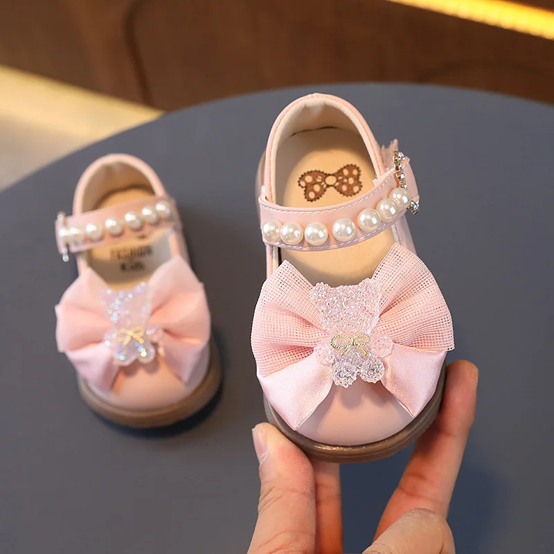 Congme 0-4Yrs Baby Girls Leather Shoes Newborn Toddler Kids Bow Pearl Flat Shoes Cute Crystal Bear Princess Dress