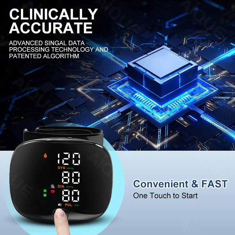 AiQUE Recharge LED Wrist Blood Pressure Monitor Voice Heart Rate Pulse BP Monitor