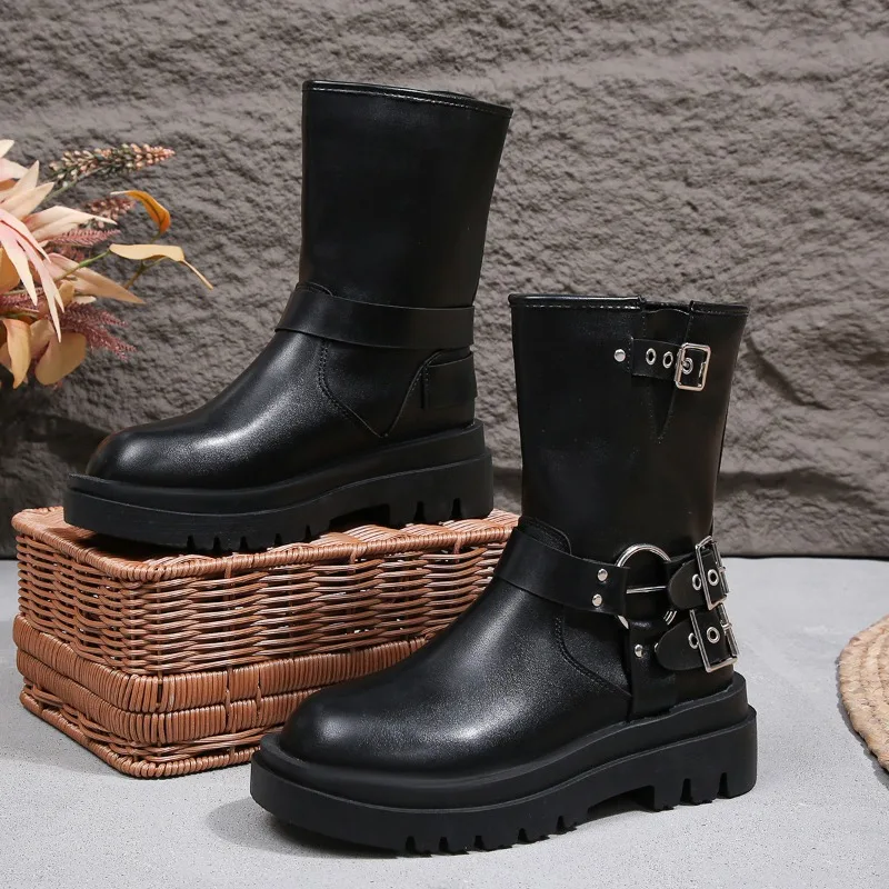 TSTCTB Fashion Buckle Motorcycle Boots Women Pu Leather Platform Ankle Boots Women Thick Bottom Non-Slip Autumn Botas Mujer 2023